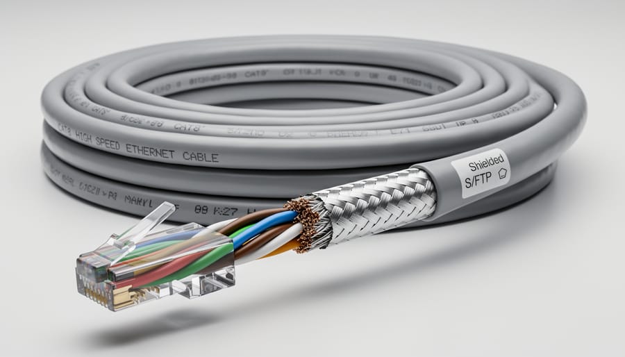 Cross-section view of CAT8 ethernet cable showing internal twisted pairs and shielding