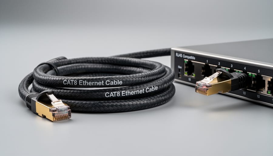 CAT8 ethernet cable connector being inserted into network switch RJ45 port