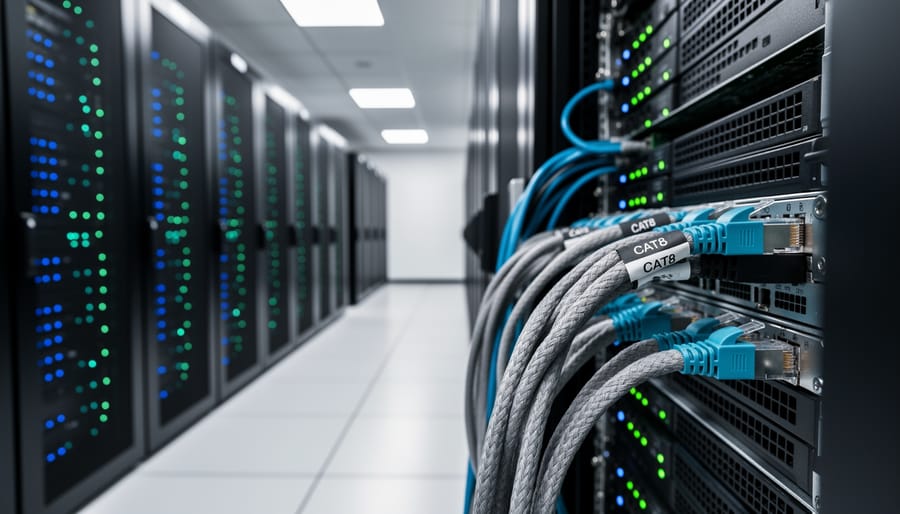 Organized CAT8 ethernet cables connected in professional data center server rack