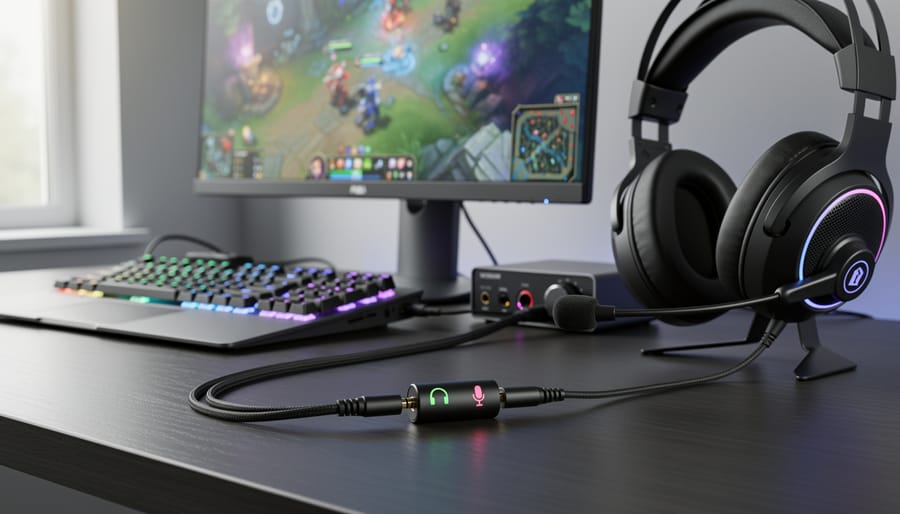 Gaming headset with separate audio cables next to laptop and smartphone showing multiple jack configurations