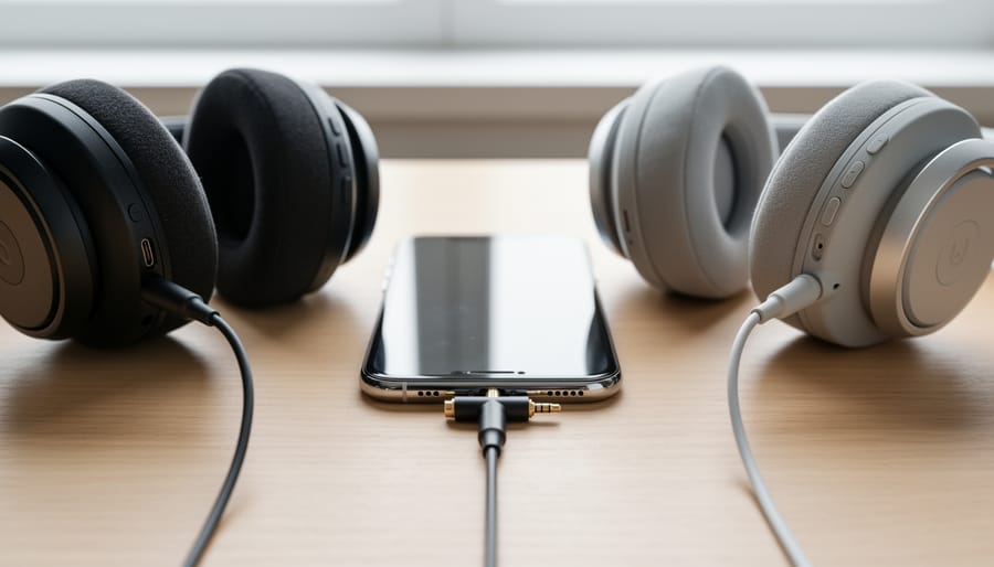Two earbuds connected to smartphone through Y-shaped audio splitter for music sharing