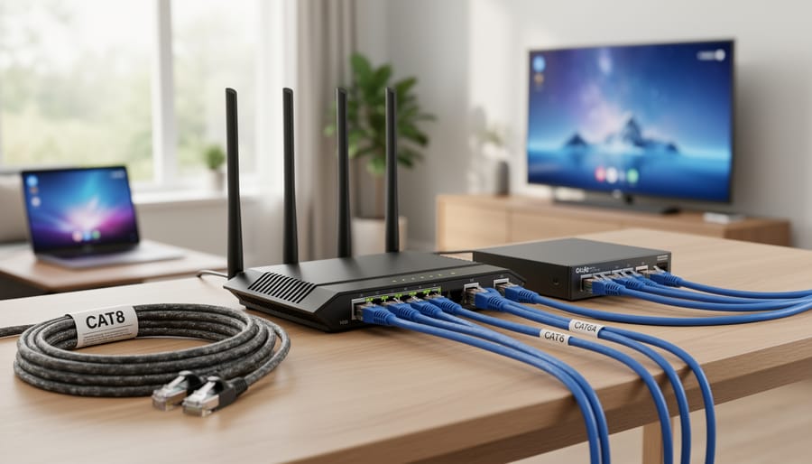 Home office setup showing ethernet cable connection to computer
