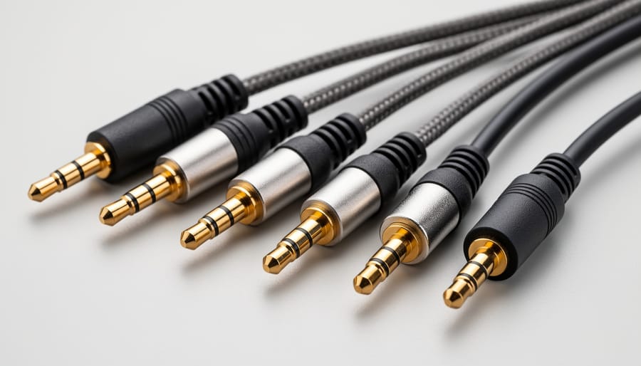 Close-up comparison of different jack audio splitter construction quality showing metal connectors and cables