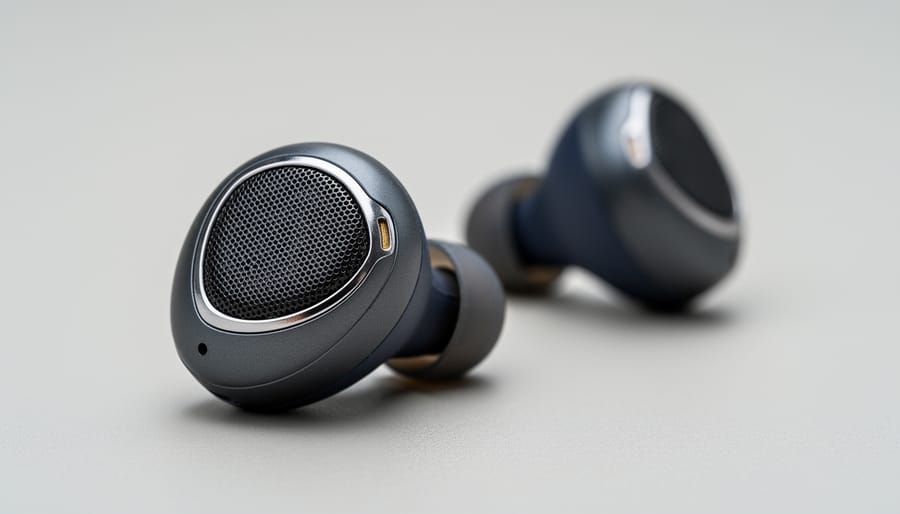 Close-up macro view of the Denon PerL Pro earbud outlet with soft light bokeh behind it