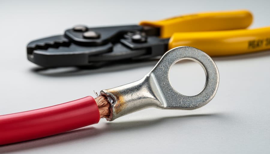 Close-up of a thick-gauge copper cable end with an improperly crimped, distorted connector