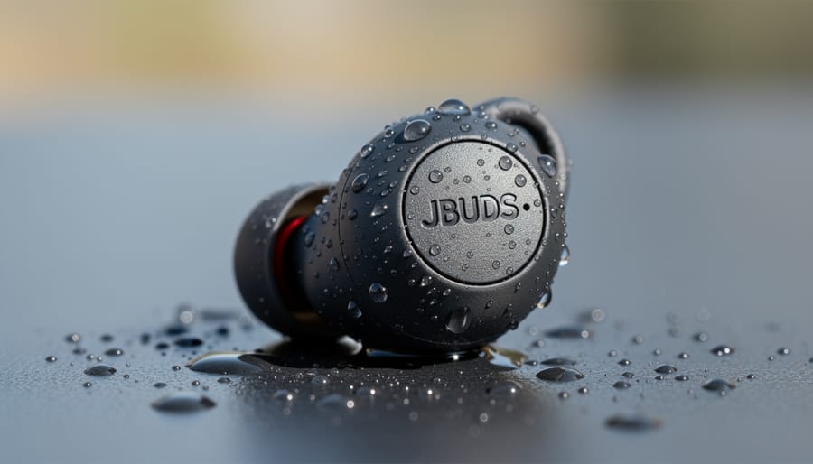 Close-up of a true wireless earbud with water droplets beading on its surface.