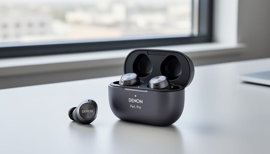 Denon PerL Pro earbuds resting in a charging case on a wooden desk under soft studio lighting