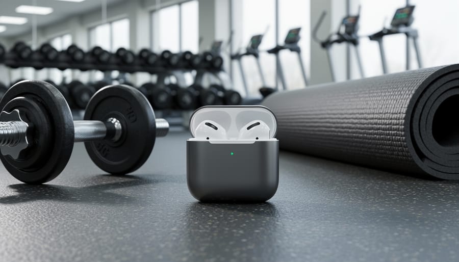 Earbud charging case on a gym bench near dumbbells and workout gear.