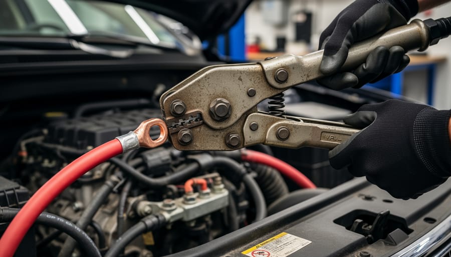 Gloved hands using a hydraulic hand crimping tool near a car battery connection