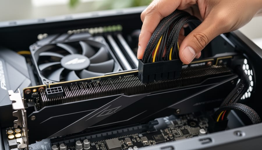 Hands aligning and reseating a PCIe power connector to a graphics card in an open PC build.