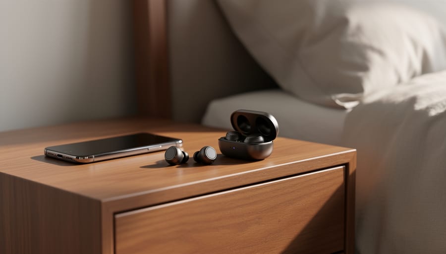 JLab JBuds Mini earbuds and compact charging case resting on a bedside table next to a smartphone.
