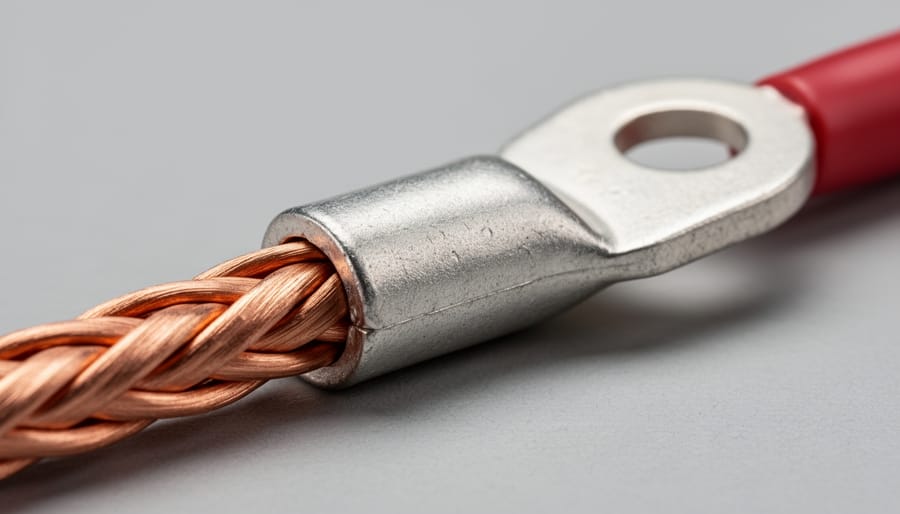 Macro close-up of a properly crimped ring terminal on 4 AWG copper battery cable