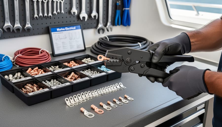 Marine workshop workbench with 4 AWG cables, crimp connectors, heat-shrink tubing, and a crimping tool with dies