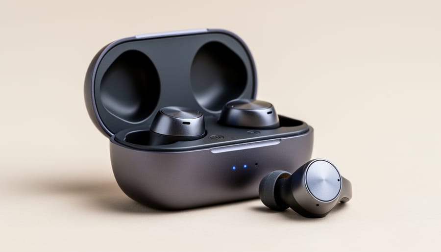 Onn true wireless earbuds resting in an open charging case on a neutral desk
