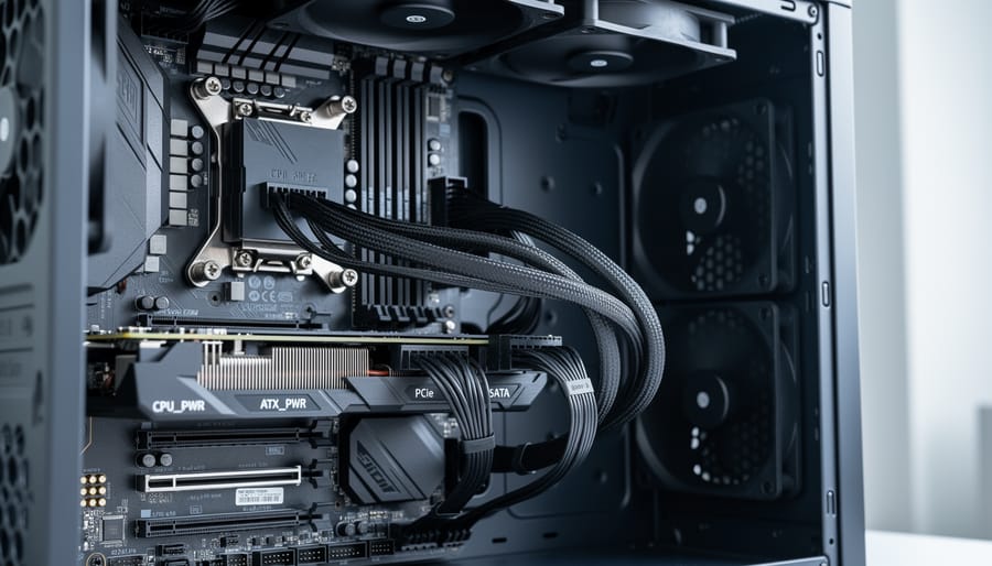 Open desktop PC case showing GPU and SATA power/data cable connections on the motherboard.