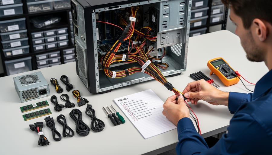 Overhead view of organized PC cables on an anti-static mat next to a computer chassis.