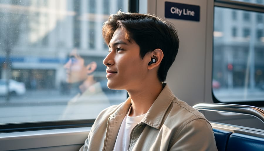 Person commuting with small true wireless earbuds in their ears.