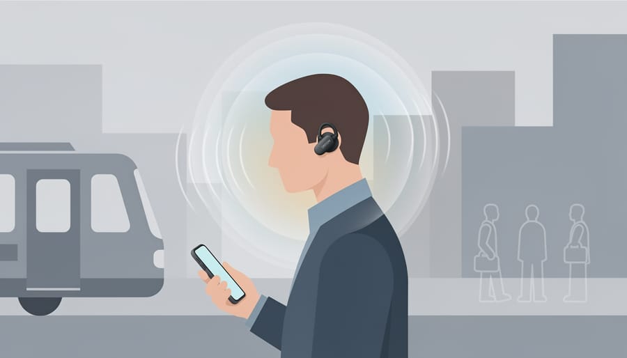 Person wearing Denon PerL Pro earbuds while waiting on a softly blurred train platform