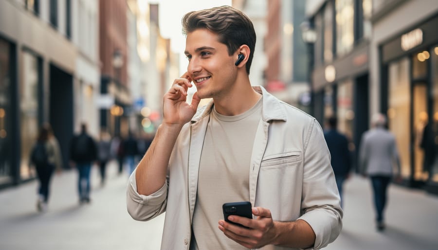 Person wearing true wireless earbuds while holding a smartphone, with earbuds in focus