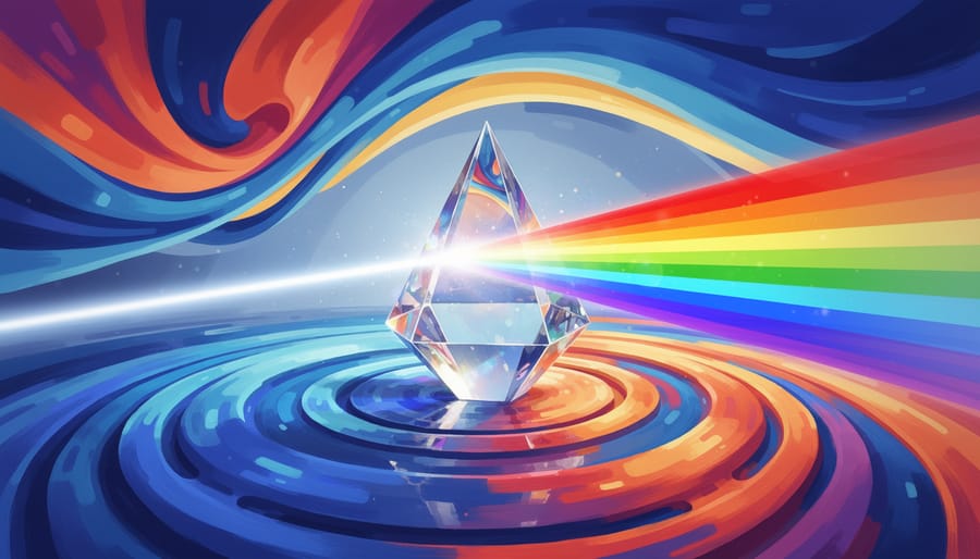Prism refracting light with Denon PerL Pro earbuds placed beside it to suggest audio clarity