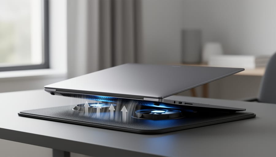 Close-up of laptop vent area with airflow from a cooling pad beneath