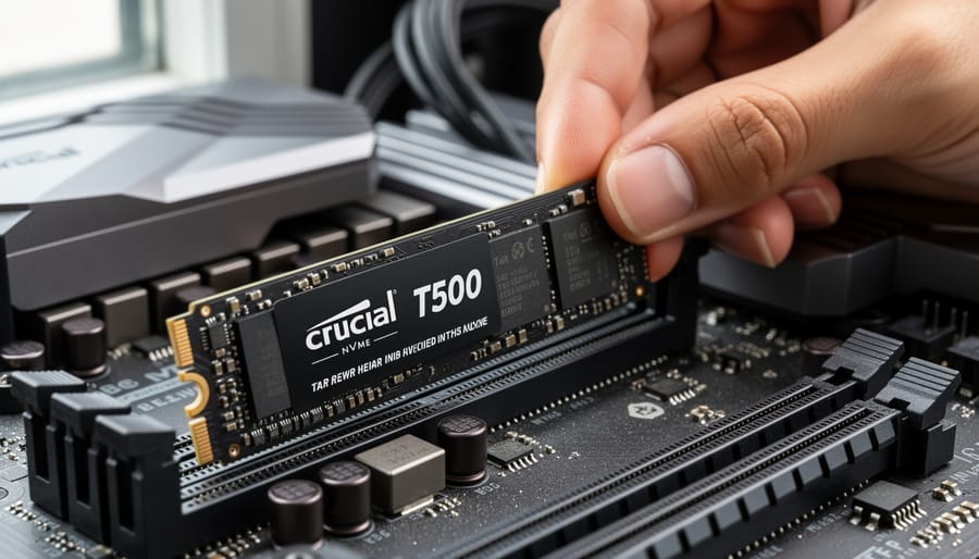 Crucial T500 1TB M.2 NVMe SSD held above an open PC chassis by gloved hands.