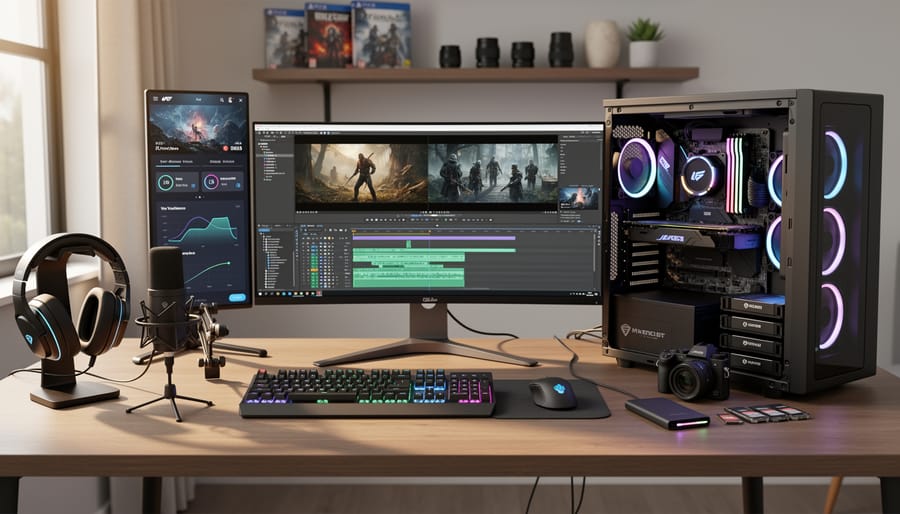 M.2 NVMe SSD on a desk near a gaming and content-creation workstation in soft daylight