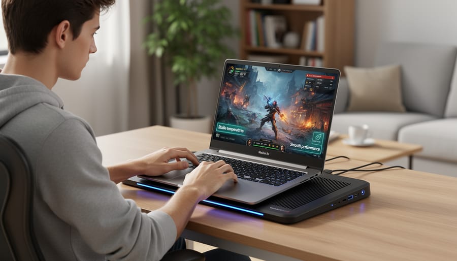 A gaming laptop on a cooling pad on a couch tray table in a dim living room with warm lamp lighting.