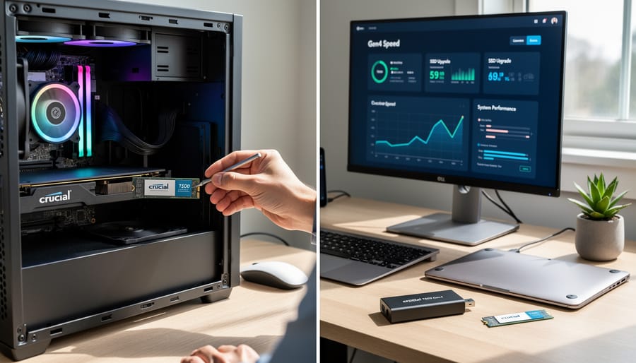 Gaming laptop and desktop PC on a desk with open access panels revealing an NVMe slot area.