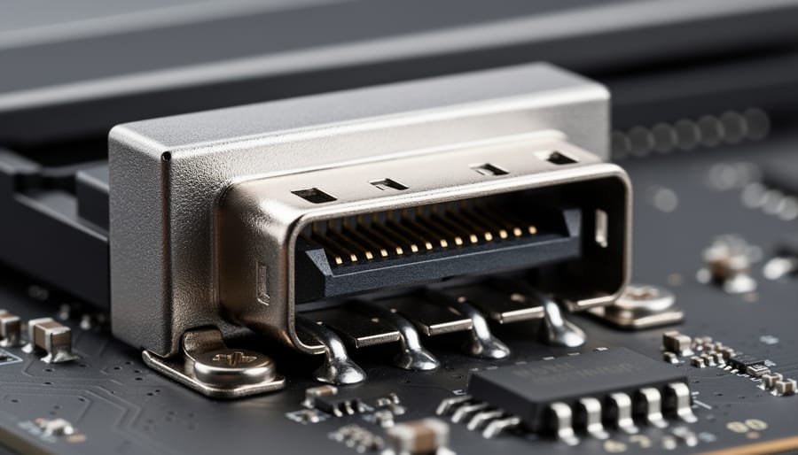 Macro close-up of an HDMI connector and braided cable shielding showing connector craftsmanship