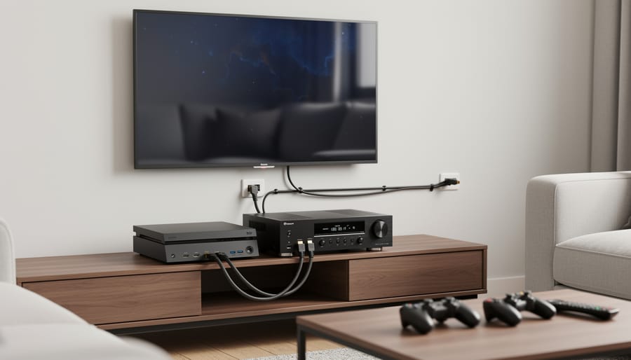 Close view of a TV and game console HDMI ports with a connected HDMI cable neatly routed behind the devices
