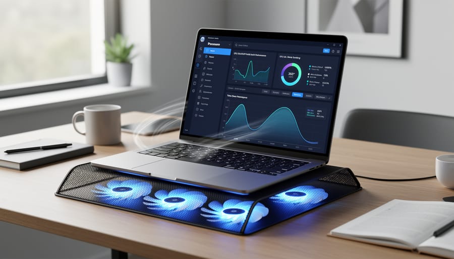 Person typing on a laptop with a cooling pad running underneath on a desk