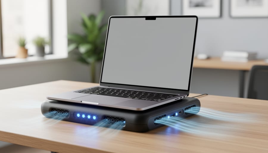 A modern laptop resting on a cooling pad with visible airflow design on a desk workspace.