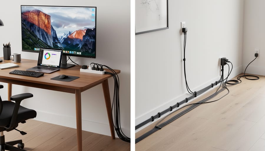 HDMI cable routed along a hallway toward a distant television as part of a longer home installation