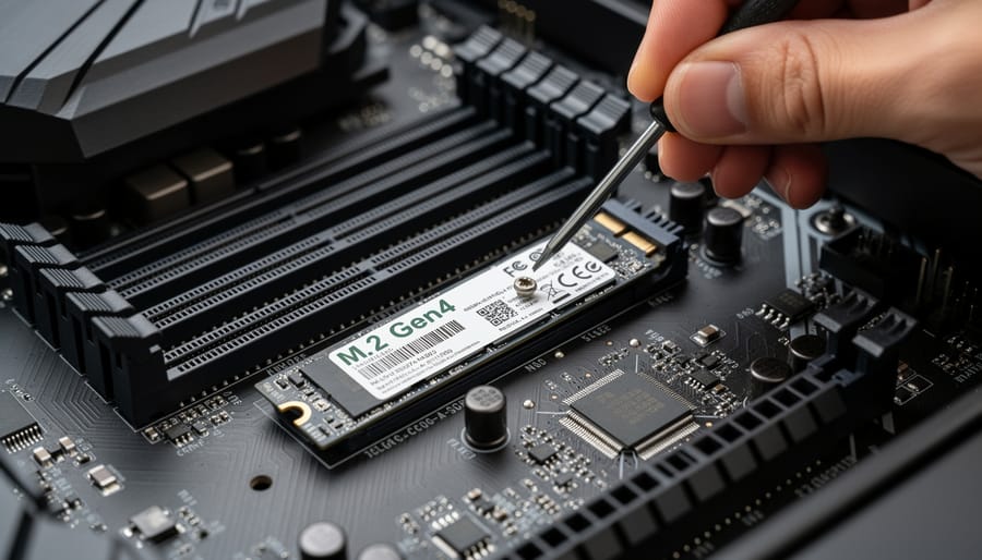 Close-up of an M.2 NVMe SSD being installed inside an open desktop PC case near the motherboard slot