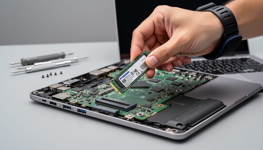 Macro view of an M.2 NVMe SSD placed beside a laptop chassis edge on a workbench