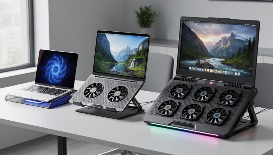 Several laptop cooling pads of different thicknesses and fan layouts shown on a tabletop under a laptop.