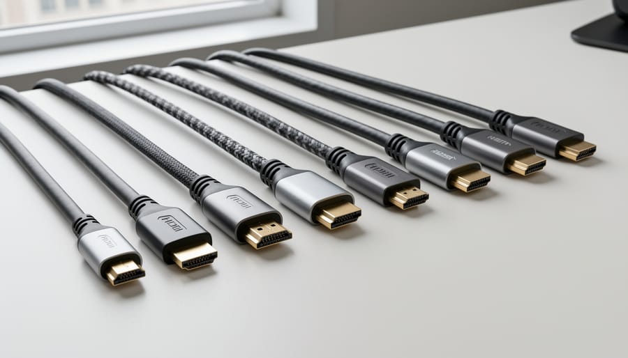 Six different HDMI cables arranged on a workbench showing varied cable thickness and connector construction