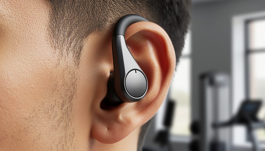 Close-up macro view of the adjustable ear hook on Soundcore Sport X20 earbuds