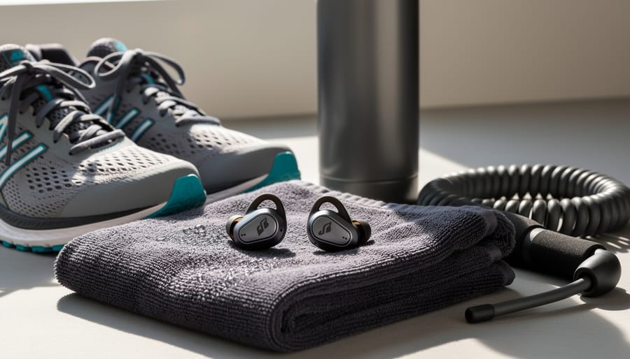 Soundcore Sport X20 earbuds shown in a runner’s palm next to a running shoe and sweat towel