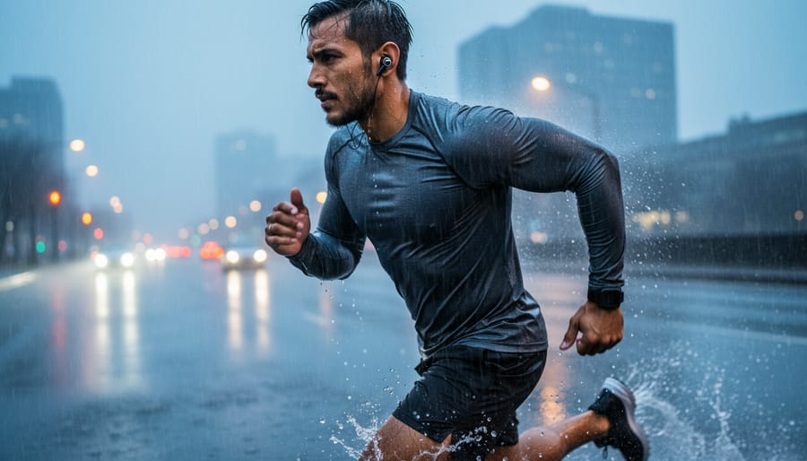 Runner wearing earbuds while jogging on a rainy outdoor path