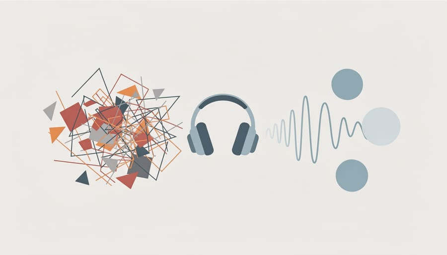 Abstract conceptual image of earbud silhouettes with layered sound-wave light effects