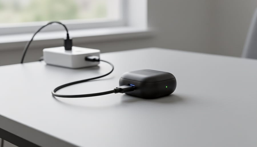 Samsung Galaxy Buds2 Pro charging case on a desk with a USB-C to C cable connected to the USB-C port