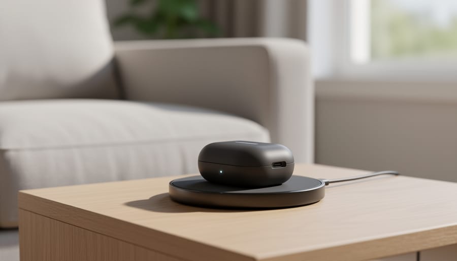 Hands placing the Galaxy Buds2 Pro charging case onto a wireless Qi charging pad on a nightstand