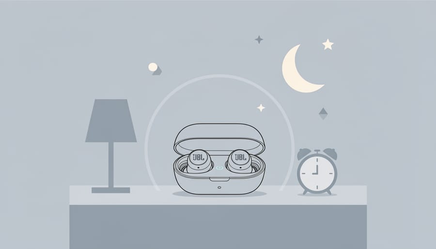 Charging case for true wireless earbuds on a nightstand next to a smartphone
