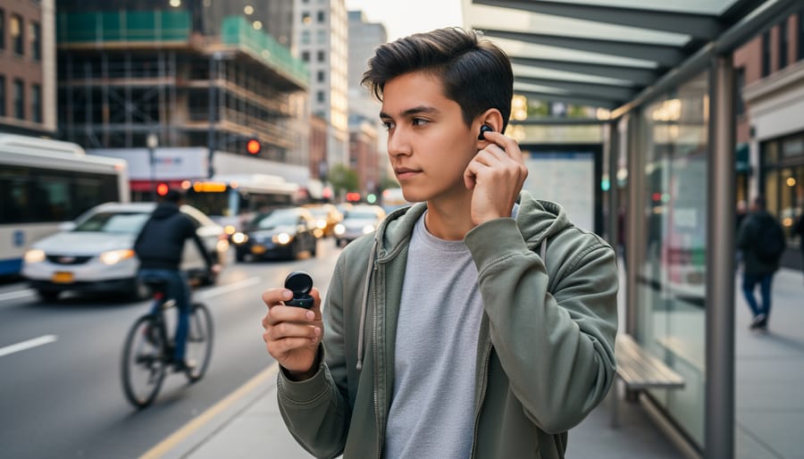 Commuter in a subway setting preparing to use true wireless earbuds for noise reduction