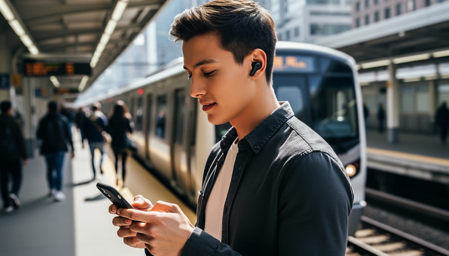 Commuter wearing true wireless earbuds at a subway platform