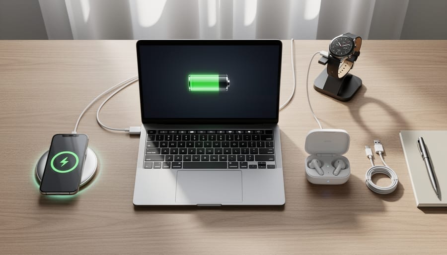 True wireless earbuds charging case and charging cable on a desk with nearby smartphones