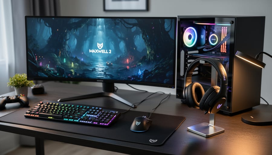 A gamer wearing a wireless over-ear headset in a dim, immersive room with a glowing monitor in the background.