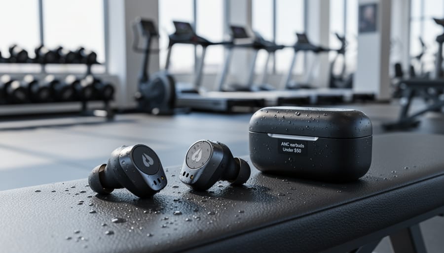 Person taking out true wireless earbuds in a gym locker room